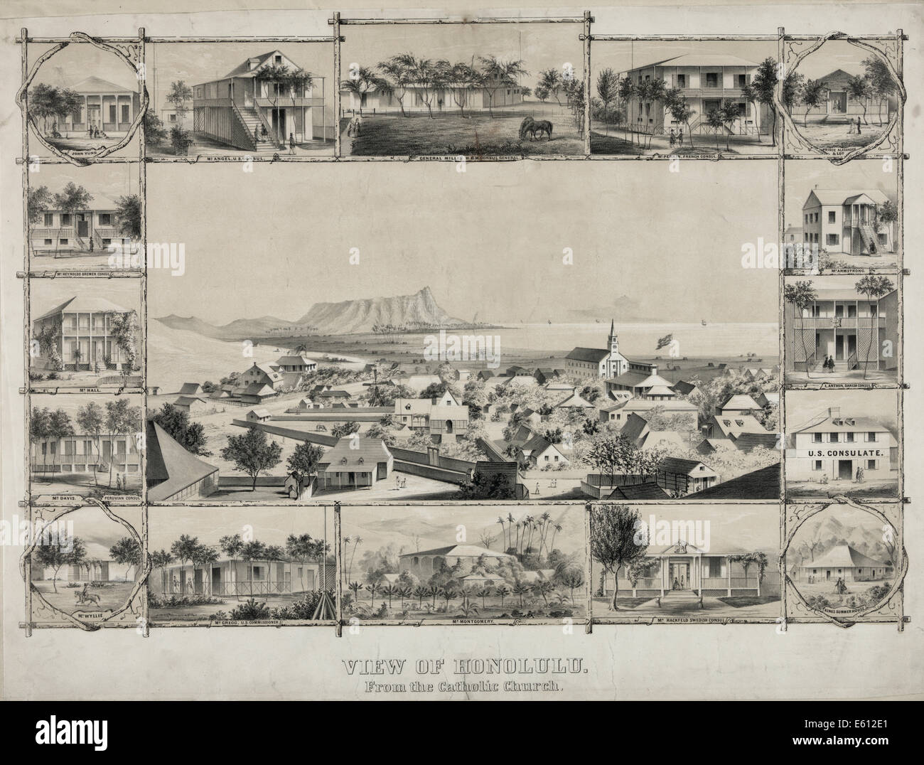 Blick auf Honolulu aus der katholischen Kirche - Ansichten von Residenzen und Konsulate: John Yung; Herr Engel, US-Konsul; General Miller, H.B.M. Konsul; Herr Perrin, französischer Konsul; Prinz Alexander & Lot; Herr Armstrong; US-Konsulat, Sommerresidenz des Königs; Herr Hackfeld, schwedischer Konsul; Herr Montgomery, Mr Gregg, Beauftragter; Herr Wyllie; Herr Davis, peruanischen Konsul; Herr Hall; Mr. Reynolds, Bremen Konsul., ca. 1854 Stockfoto Blick auf Honolulu aus der katholischen Kirche - Ansichten von Residenzen und Konsulate: John Yung; Herr Engel, US-Konsul; General Miller, H.B.M. Konsul; Herr Perrin, französischer Konsul; Prinz Alexander & Lot; Herr Armstrong; US-Konsulat, Sommerresidenz des Königs; Herr Hackfeld, schwedischer Konsul; Herr Montgomery, Mr Gregg, Beauftragter; Herr Wyllie; Herr Davis, peruanischen Konsul; Herr Hall; Mr. Reynolds, Bremen Konsul., ca. 1854 Stockfoto