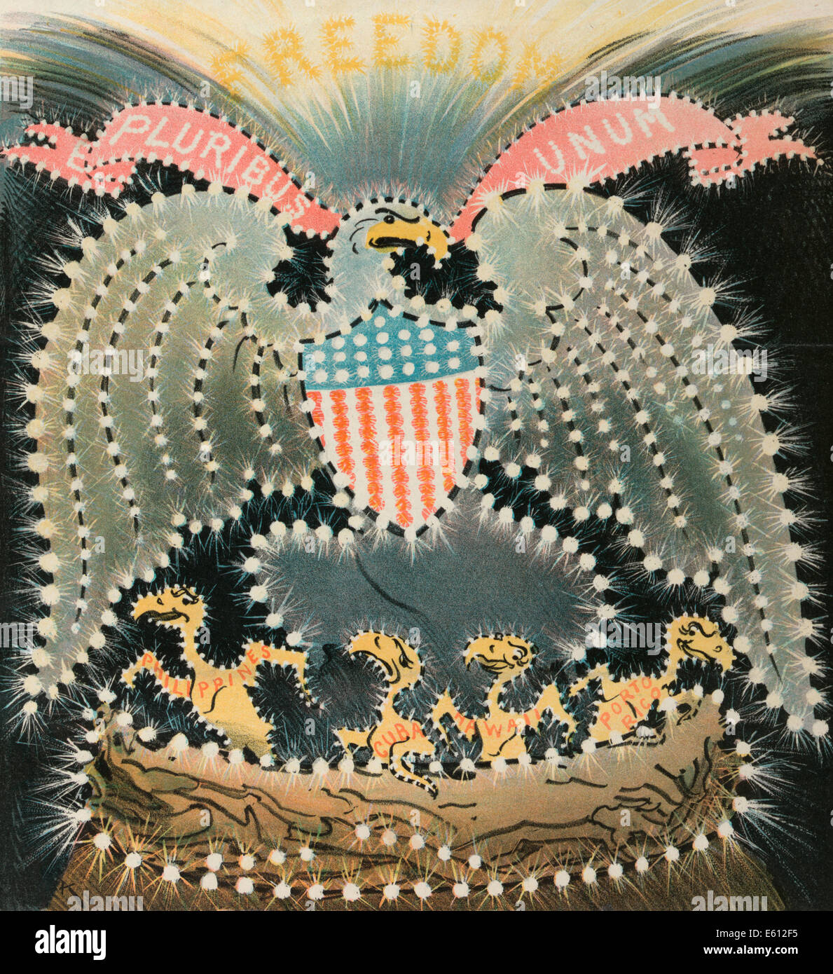 4. Juli 1901 - zeigt Abbildung 4. Juli Feuerwerk Rechtschreibung, das Wort "Freiheit" über ein Adler bilden das große Siegel der Vereinigten Staaten schwebt über einem Vogelnest mit vier Küken, die mit der Bezeichnung "Philippinen, Kuba, Hawaii und Puerto Rico." Politische Karikatur, ca. 1901 Stockfoto