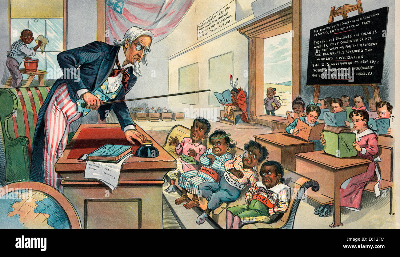 Schule beginnt - Uncle Sam als Lehrer - politische Karikatur, 1899 Stockfoto