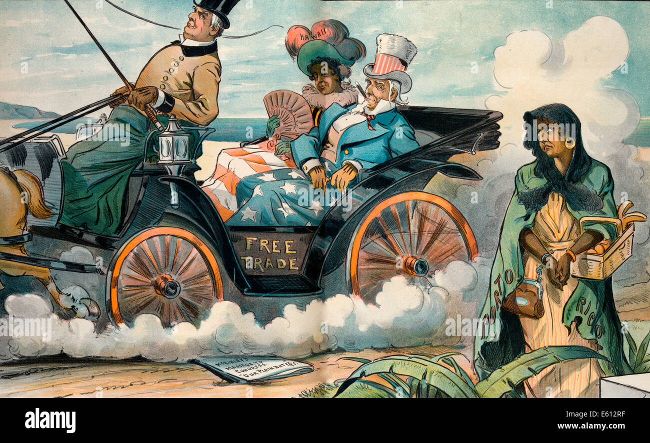 Kranken fated Schwester - ungerechte Diskriminierung. Präsident McKinley fahren einen Wagen mit der Bezeichnung "Freihandel", beschriftet mit Passagieren Uncle Sam und eine Frau "Hawaii"; auf der rechten Seite steht eine Frau mit der Bezeichnung "Puerto Rico", hält einen Korb mit Früchten und tristement Blick auf den Wagen, wie es geht. Im Staub liegen, dass staatliche Papiere: "McKinleys Botschaft an den Kongress. "Unsere schlicht Pflicht" & c. "politische Karikatur, um 1900 Stockfoto