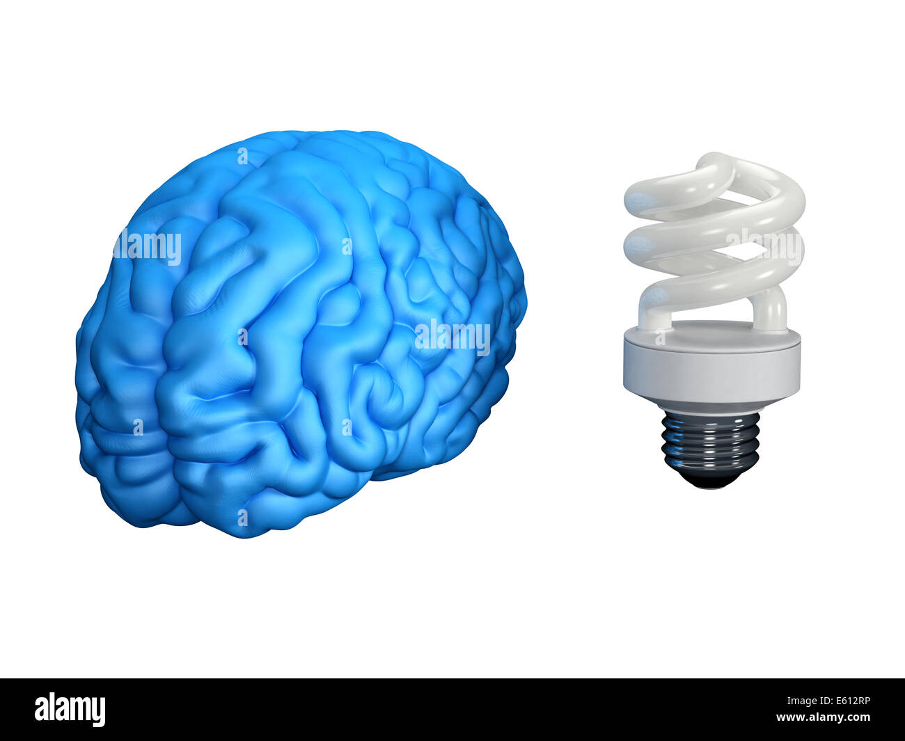 Blaue menschliche Gehirn mit einer Energiesparlampe Stockfoto
