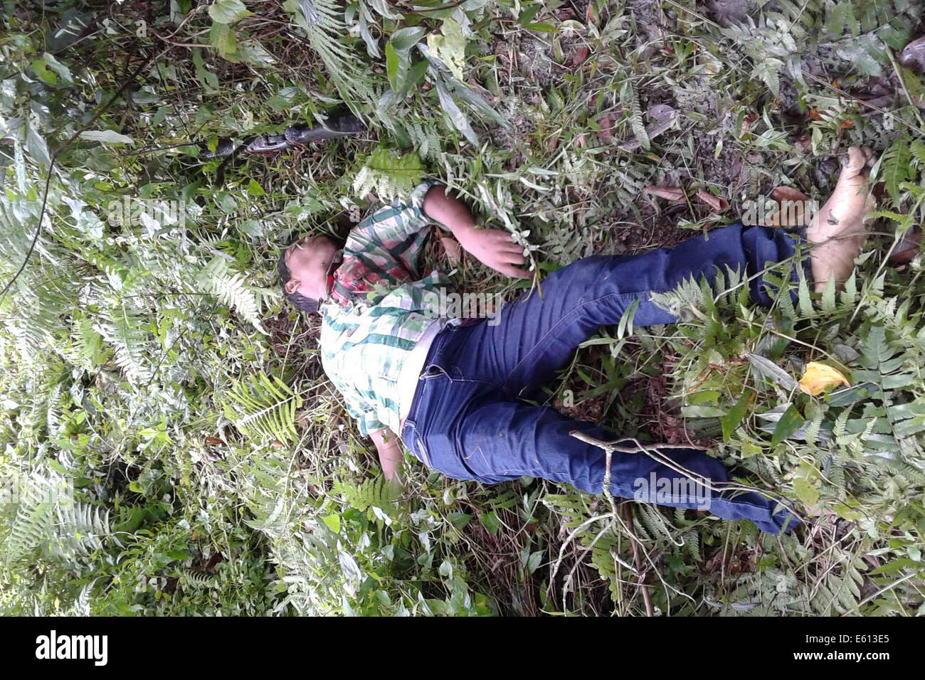 Assam, Indien. 10. August 2014. Körper von einem Nashorn Wilderer getötet durch das Personal des Assam Forstministerium und wiederhergestellten Waffen und Munition während einer Begegnung auf Agora Toli Range im Kaziranga Nationalpark etwa 250 km östlich von Guwahati, Assam. Bildnachweis: Stringer/Pacific Press/Alamy Live-Nachrichten Stockfoto