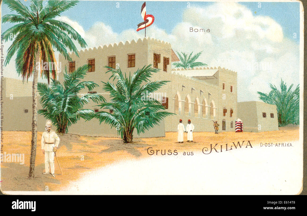 Chromolithographed Postkarte von Kilwa, Deutsch-Ostafrika Stockfoto