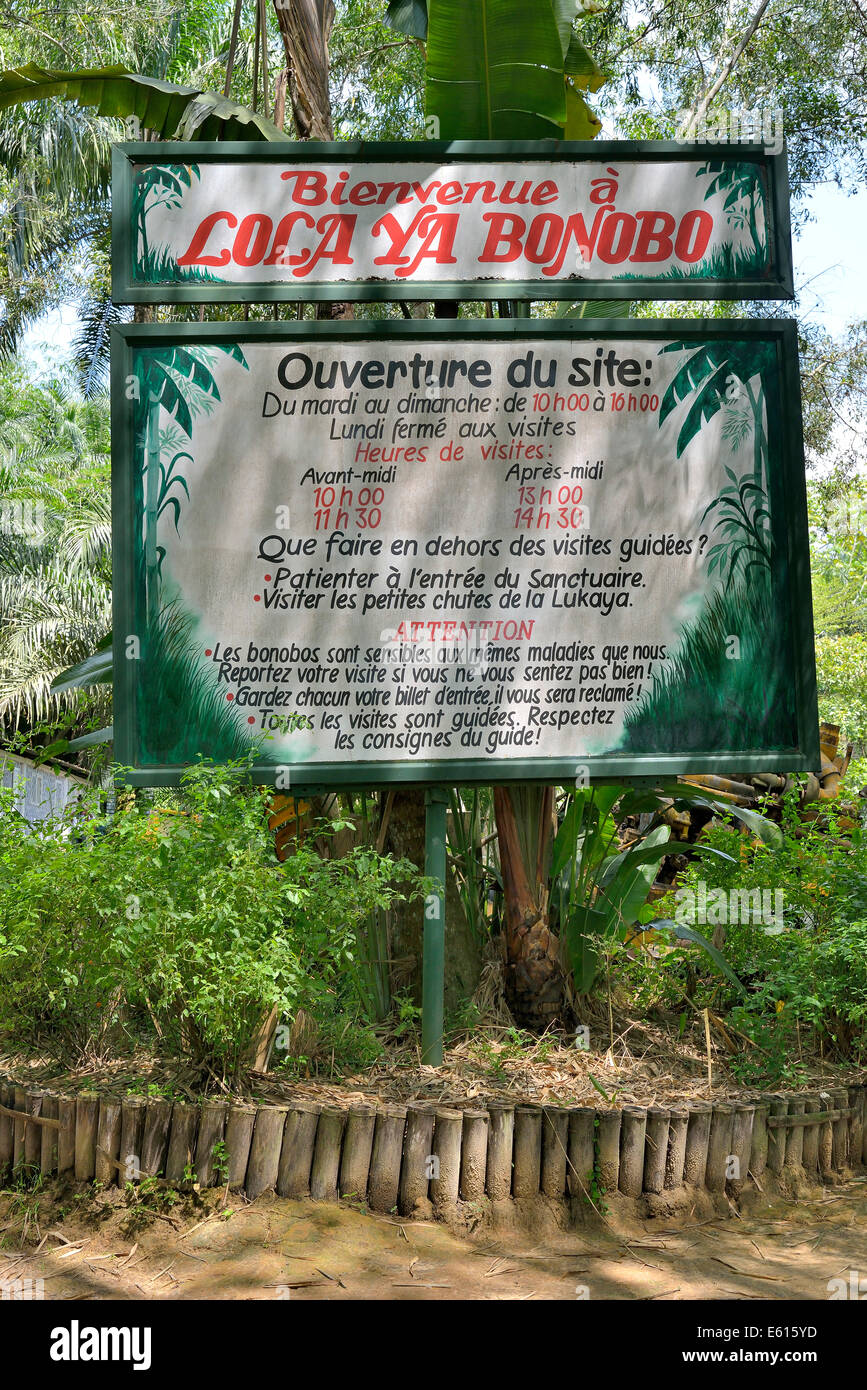 Anmeldung am Eingang der Lola ya Bonobo Heiligtum, Kimwenza, Mont Ngafula, Kinshasa, demokratische Republik Kongo Stockfoto