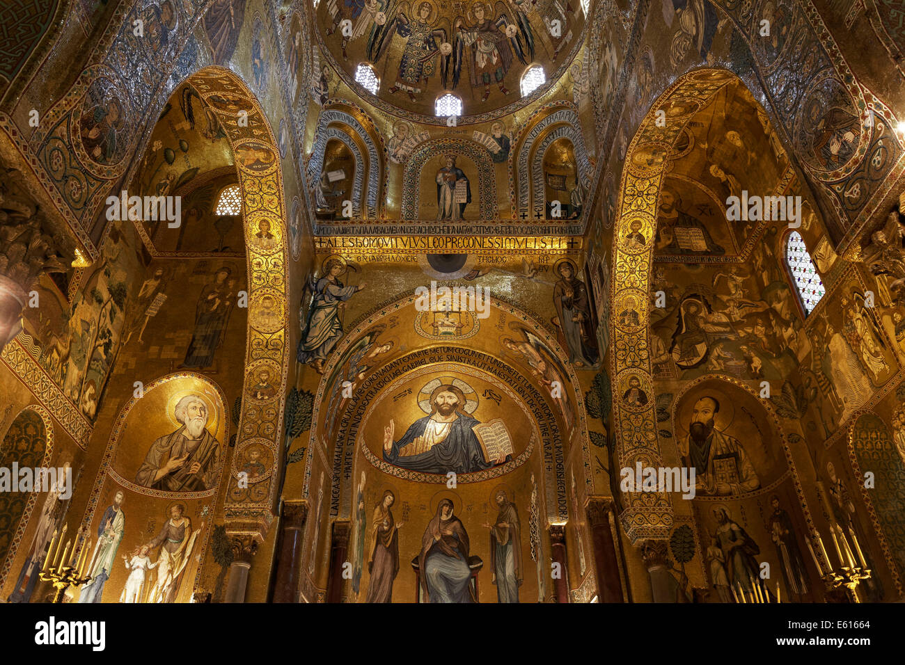 Herrlichen byzantinischen Mosaiken, Cappella Palatina, Cappella Palatina, Palazzo dei Norman oder Normannenpalast, Palermo, Sizilien, Italien Stockfoto