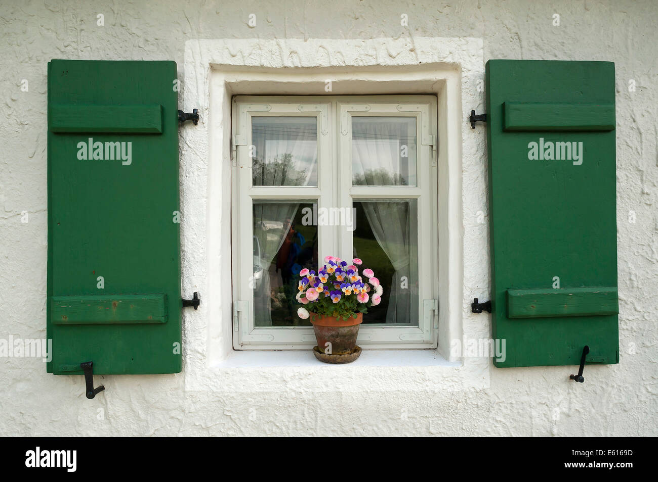 Fenster mit grünen Fensterläden und einen Blumentopf, alte Schäfer-Haus aus dem Jahr 1811, Kainsbach, Middle Franconia, Bayern, Deutschland Stockfoto