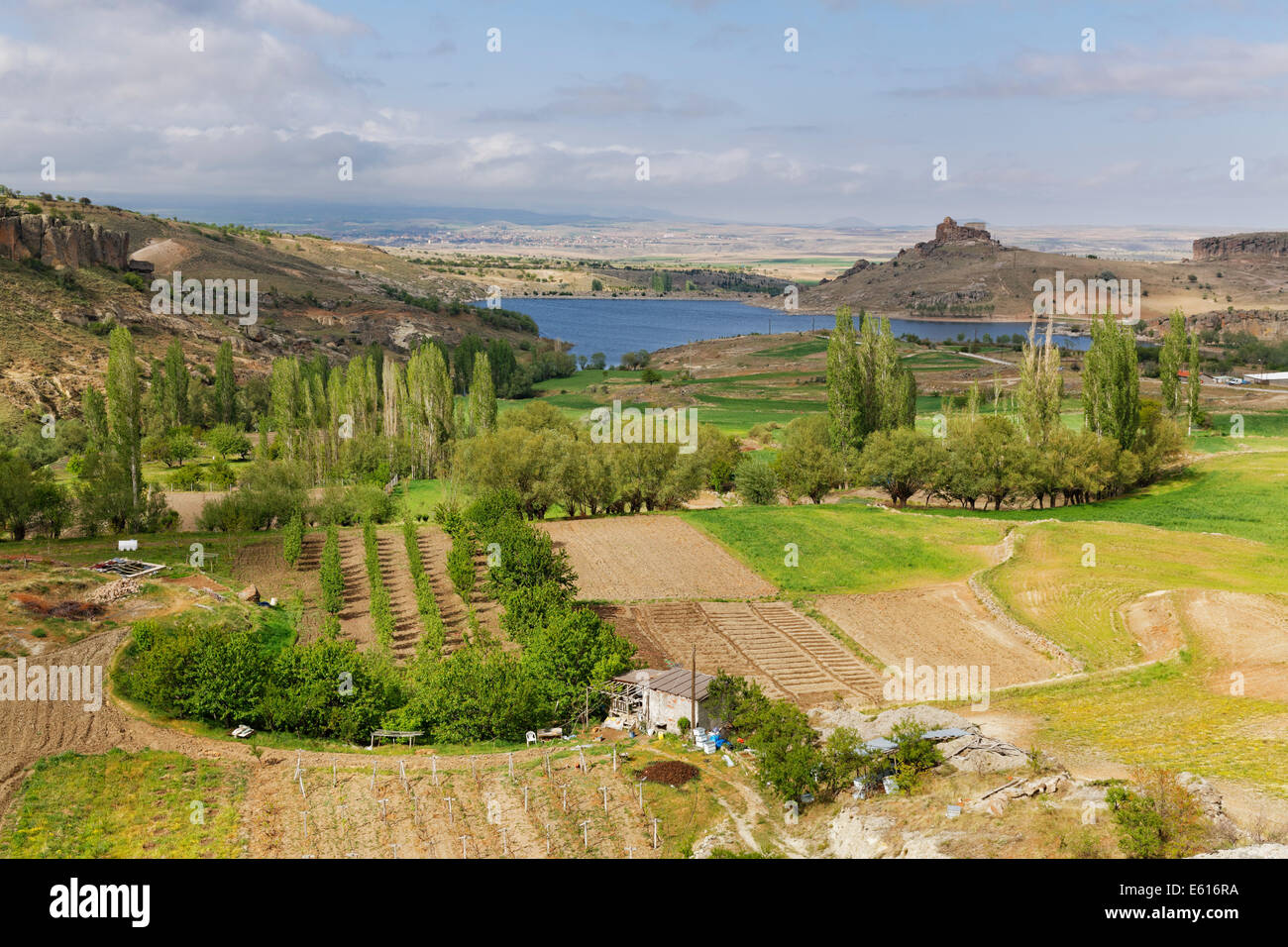 Felder und Yüksek Kilise oder hohe Kirche in Güzelyurt, Provinz Aksaray, Kappadokien, Zentral-Anatolien-Region, Südostanatolien, Türkei Stockfoto