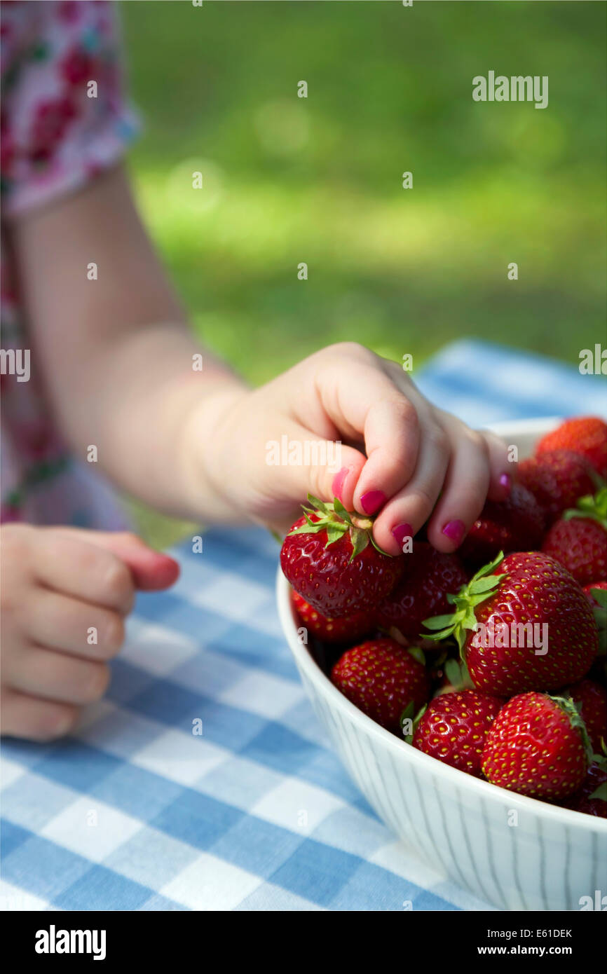 Erdbeeren in einer Schüssel auf einem Sommer-Tisch Stockfoto