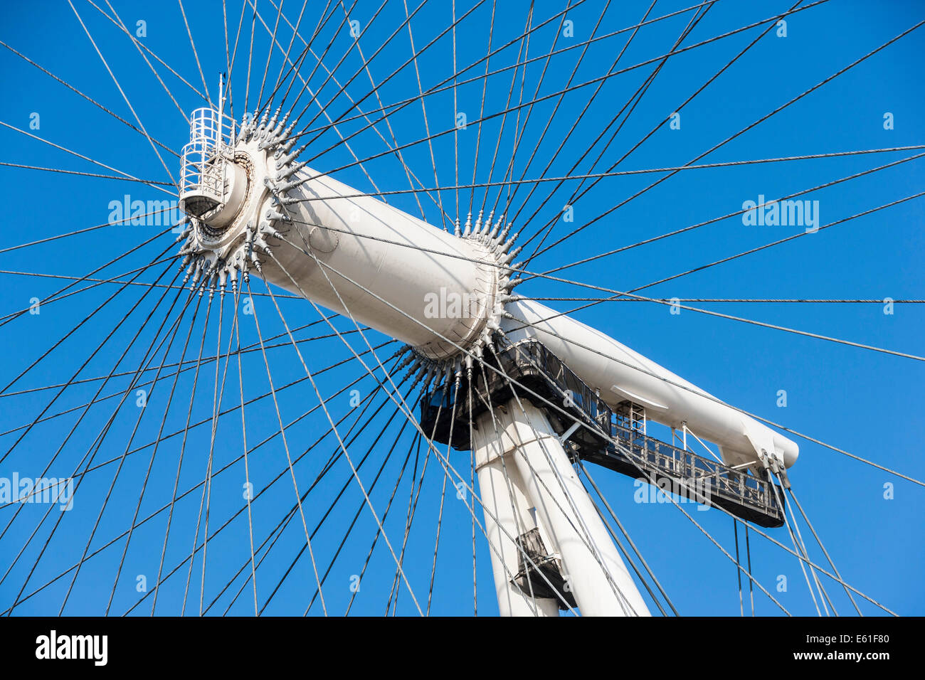 Die Hub- and -Spoke Drähte des London Eye oder Millenium Wheel am Südufer der Themse in London England UK. JMH6349 Stockfoto