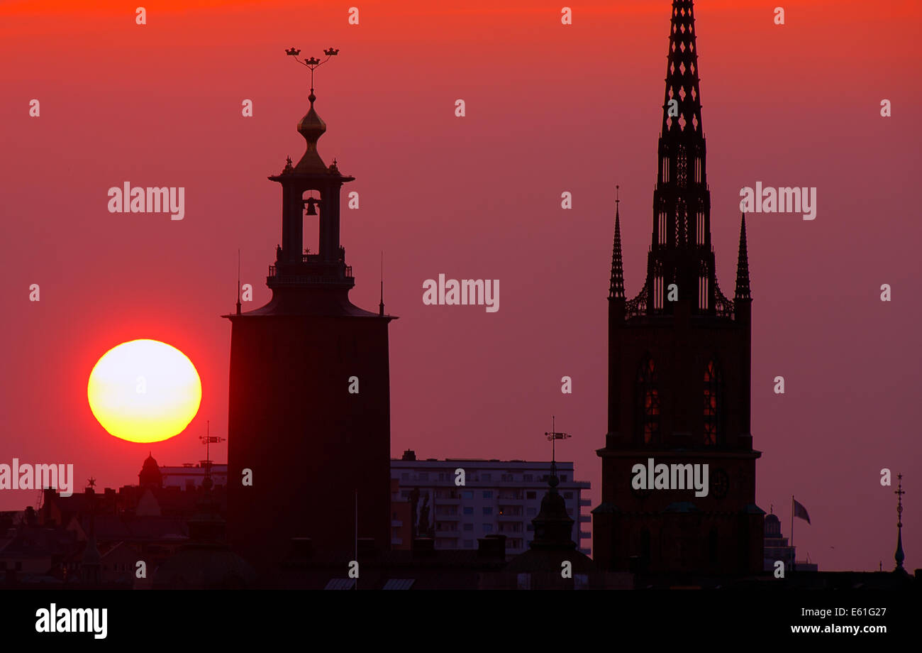Stockholmer Stadtbild bei Sonnenuntergang Stockfoto