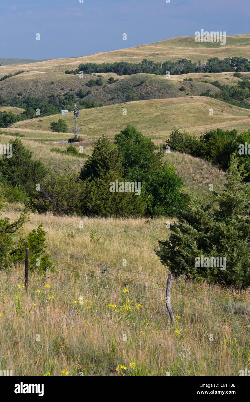 Seneca, Nebraska - eine Windmühle in den Sandhills von Nebraska. Die Sandhills ist eine Prärie-Region, die oben auf den Ogallala Aquifer sitzt. Stockfoto