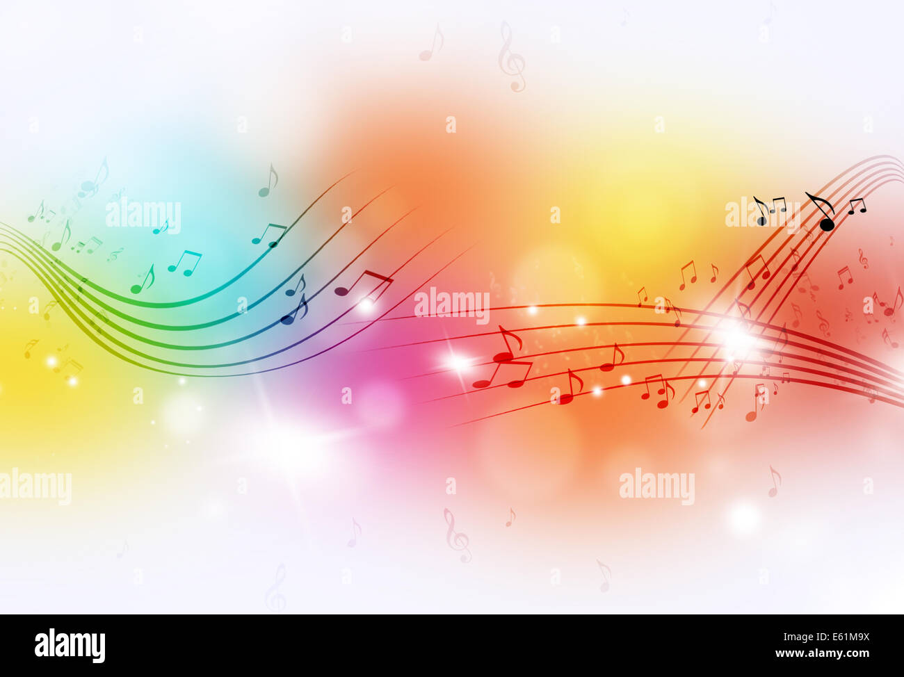 Musiknoten und verschwommenen Lichtern auf hellen mehrfarbigen Hintergrund Stockfoto