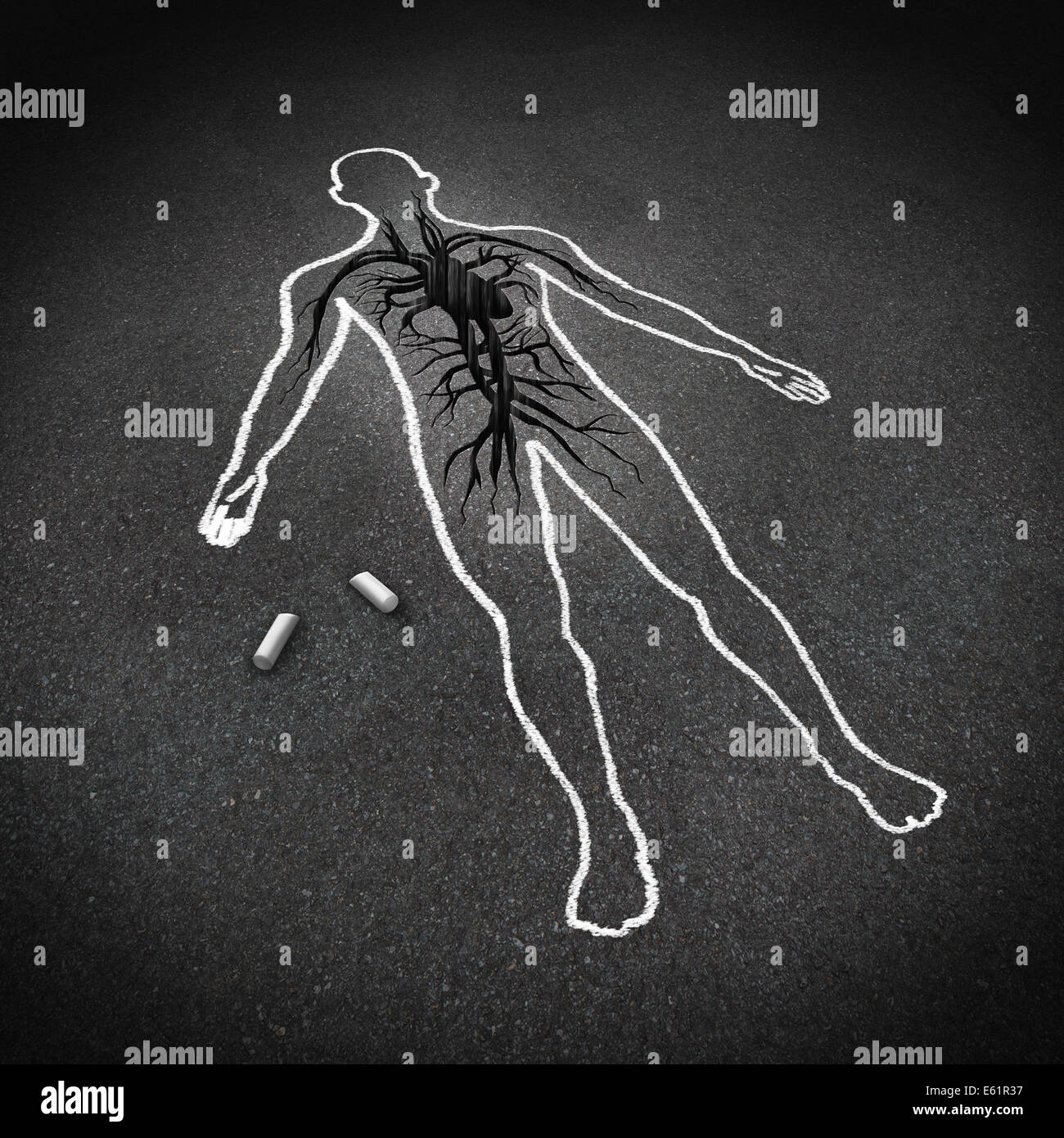 Herzinfarkt medizinisches Konzept als eine Kreidezeichnung eines Menschen auf einem Bürgersteig-Boden mit einem gebrochenen Loch im Asphalt geformt als Herz-Kreislauf-System Herz Organ als Symbol Kardiologie über die Gefahren von schlechter Ernährung und Leben eine Stress ungesund Lifestyl gefüllt Stockfoto