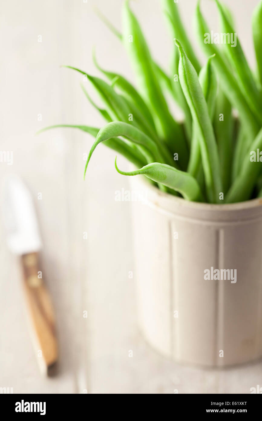 Grüne Bohnen in Steingut Topf Stockfoto