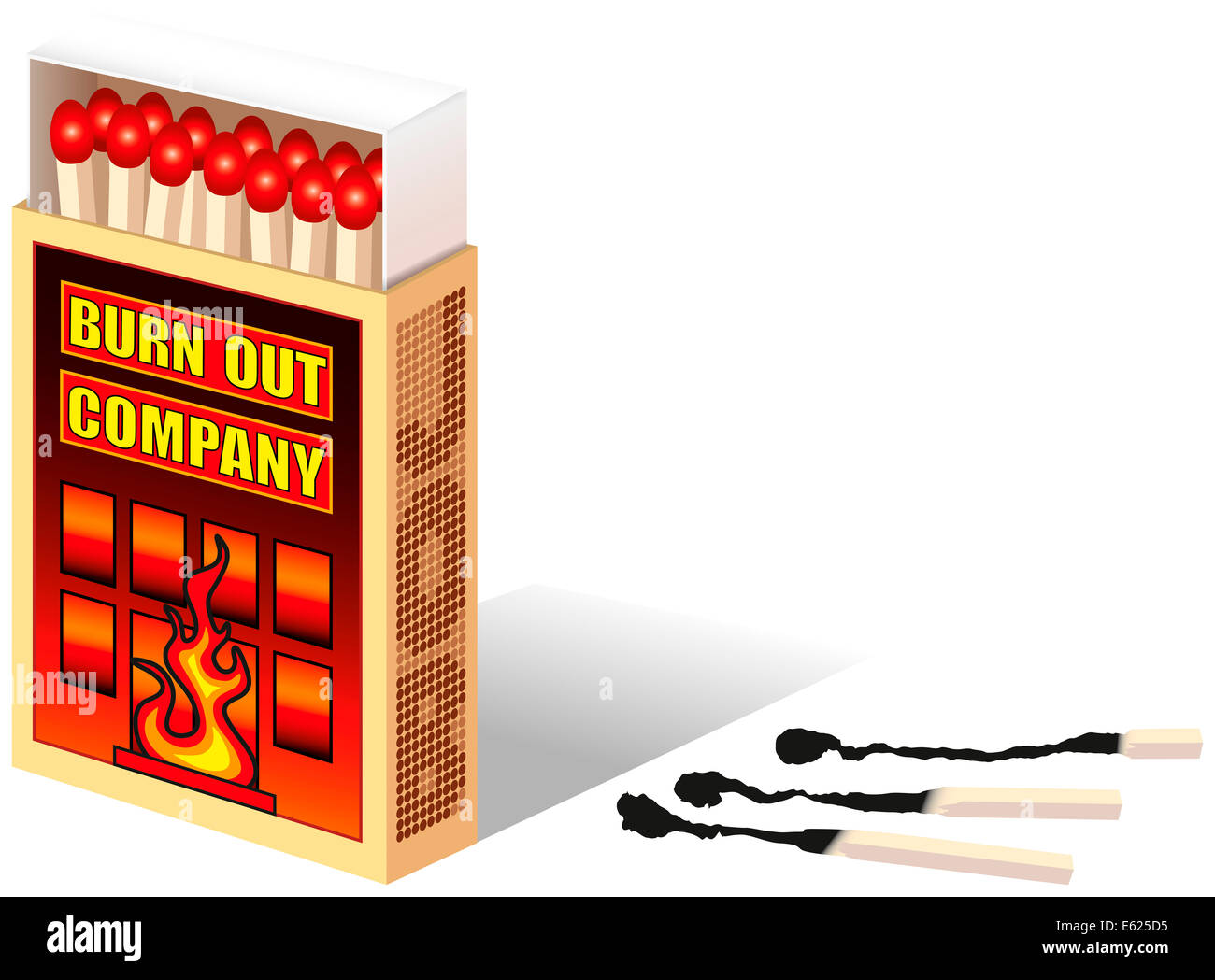 Streichholzschachtel mit dem Text mit der Bezeichnung "Burnout-Gesellschaft". Enger werden daneben Spiele verbrannt. Stockfoto