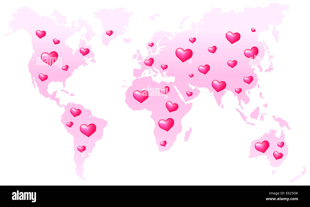 Rosa Weltkarte, übersät mit Herz. Stockfoto