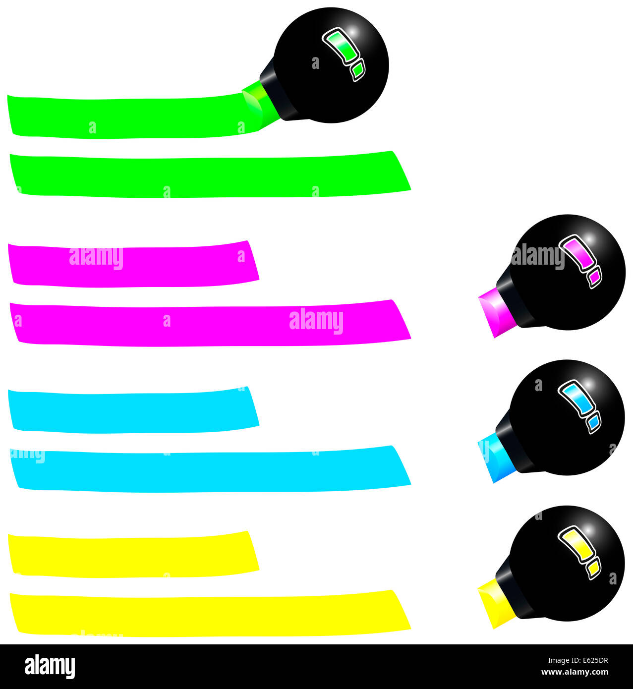Vier fluoreszierenden Marker zeichnen eine farbige Spur. Grün, Pink, blau und gelb. Stockfoto