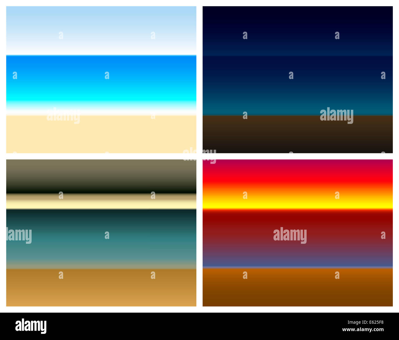 Vier verschiedene Meer Farbverläufe: türkisfarbene Meer am Mittag - in der Nacht auf den Strand - bevorstehende Sturmfront - romantischen Sonnenuntergang Stockfoto