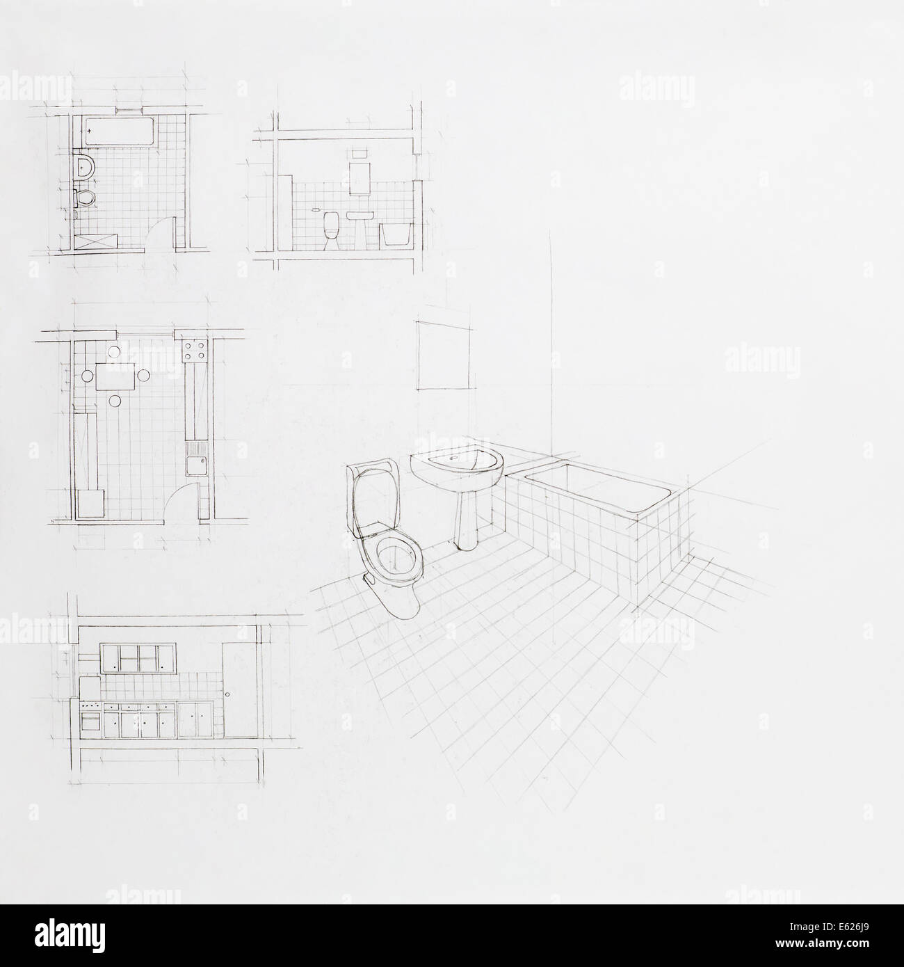 handgezeichnete architektonischen Perspektive einer Wohnung Bad und Blaupause für andere Räume Stockfoto