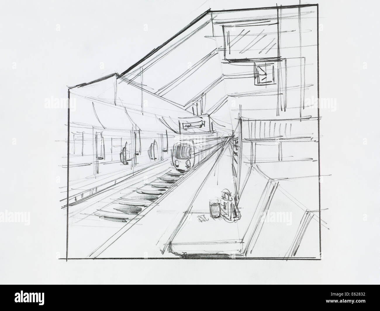 architektonische perspektivische Ansicht des Bahnhofs, von hand gezeichnet Stockfoto