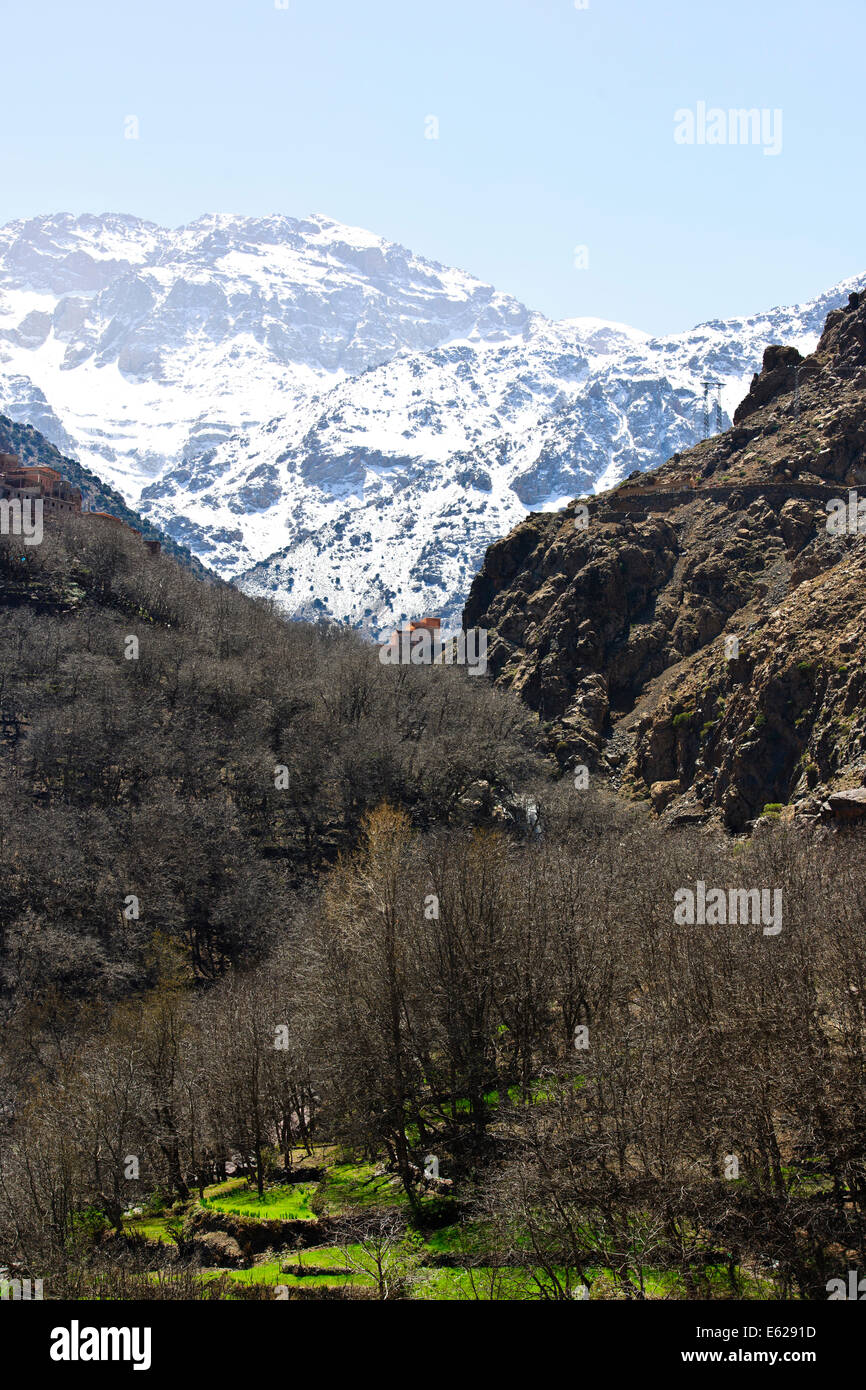 Kasbah de Toubkal, den höchsten Berg Mount Toubkal in Nordafrika 4167 Mt, schneebedeckten, Imlil-Tal, Hills, Umgebung, Marokko Stockfoto