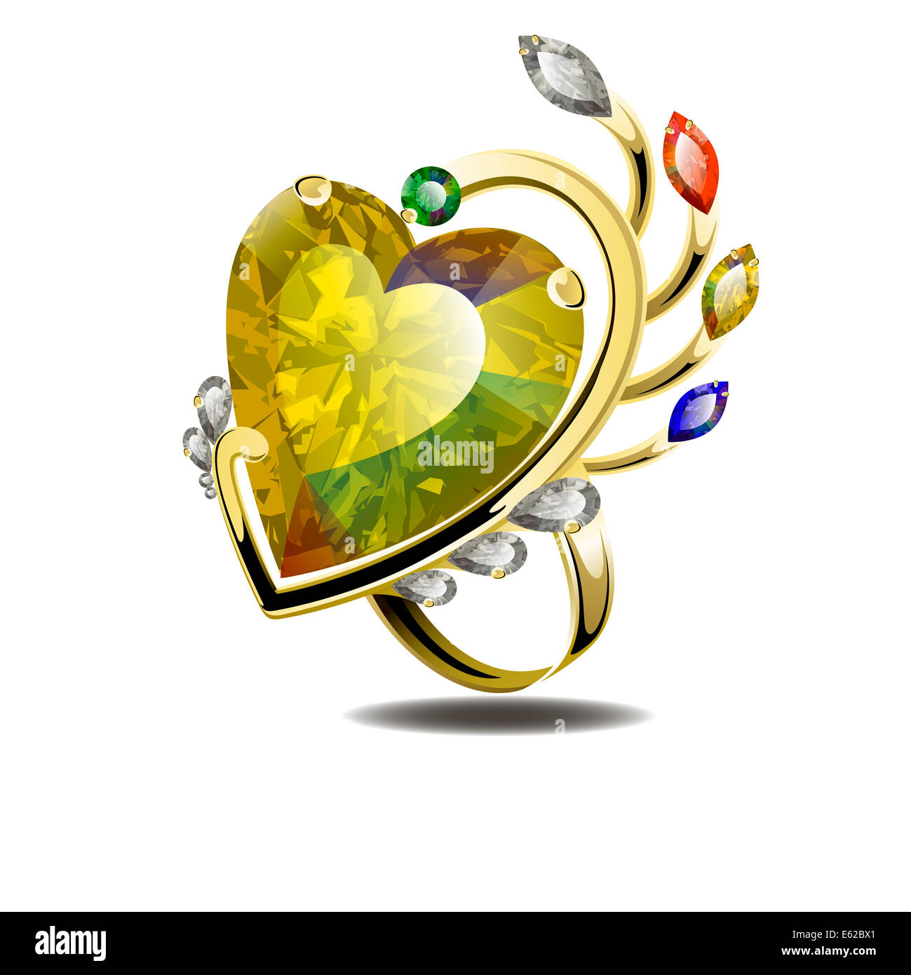 Atemberaubenden gold Ring mit bunten Herzen Form Diamanten und Edelsteine Stockfoto