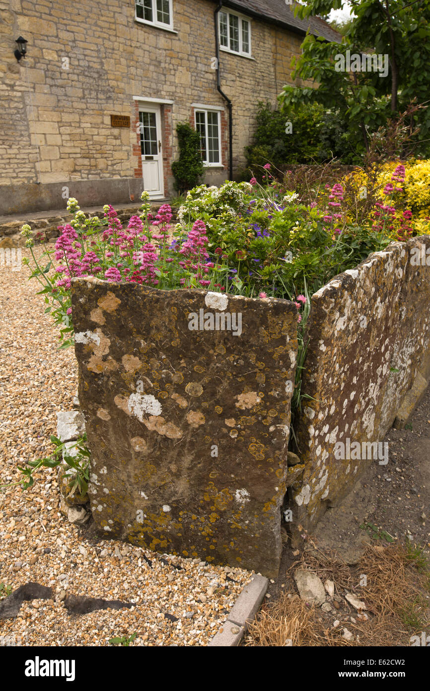 UK England, Dorset, Marnhull, Burton Street Eheband Cottage, ungewöhnliche Gartenmauer Brammen von Flechten bedeckt Stein Stockfoto