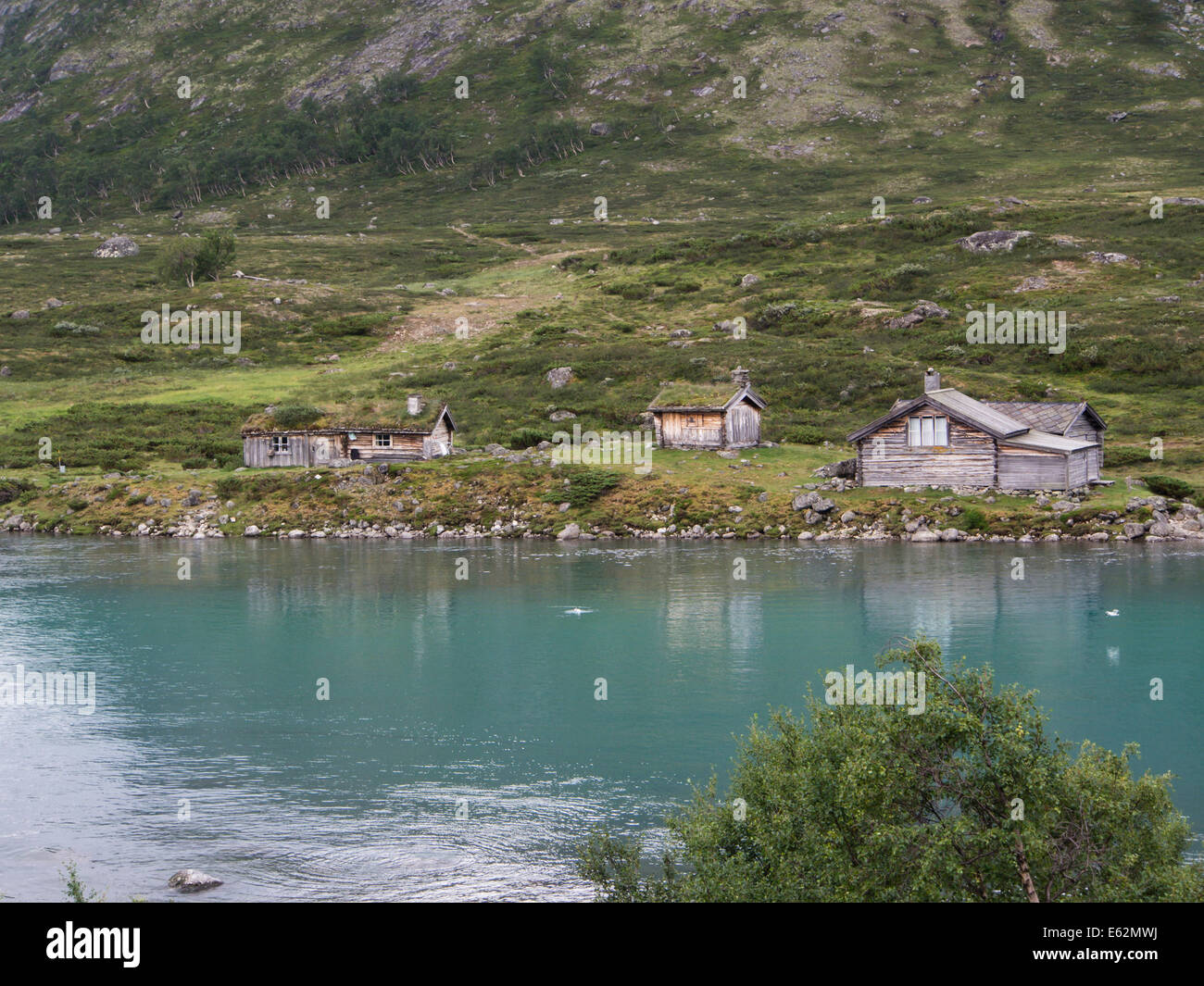 Alte Alm im norwegischen Bergen, die meisten davon dienen heute als Ferienhäuser, Jotunheimen Norwegen Stockfoto