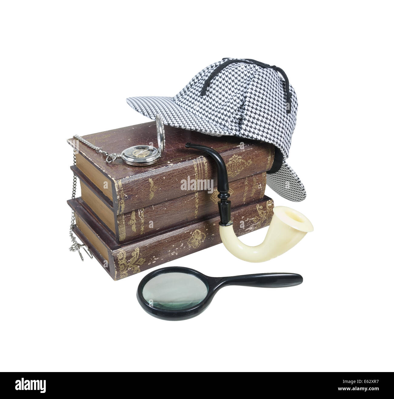 Mystery-Bücher mit Deerstalker Kappe, Lupe, Rohr und Taschenuhr - Pfad enthalten Stockfoto