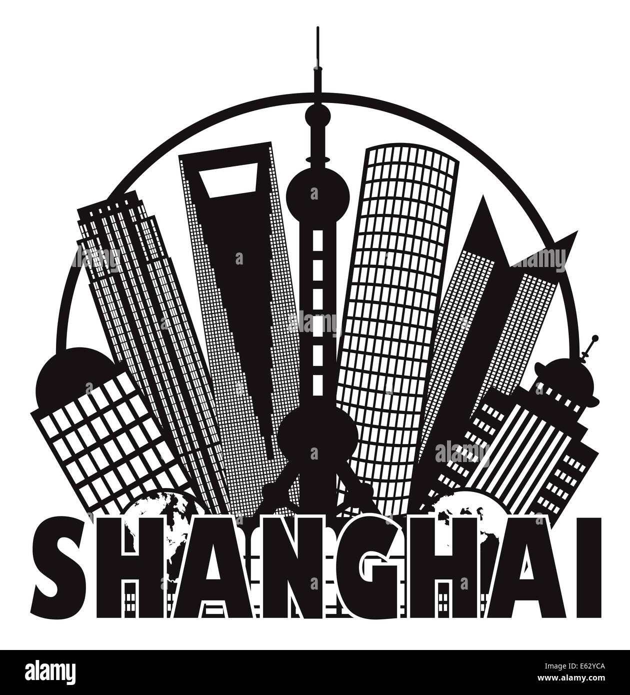 Shanghai China City Skyline Umriss Silhouette im Kreis schwarz isoliert auf weißem Hintergrund Illustration Stockfoto