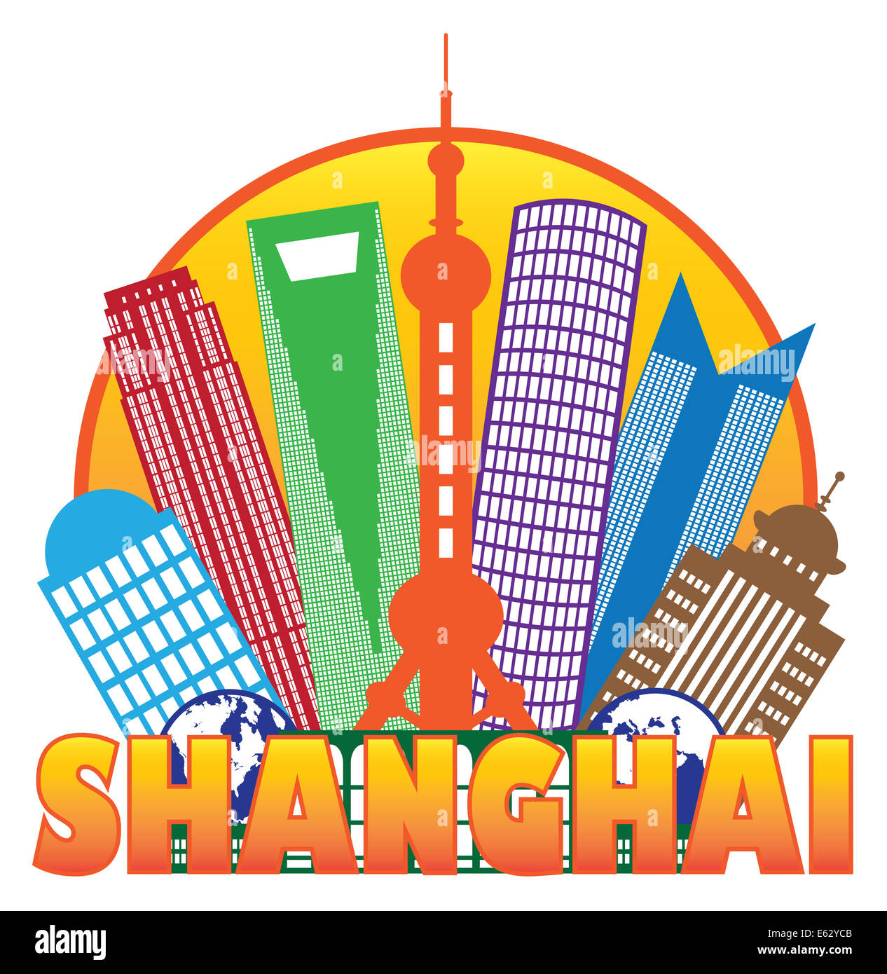 Shanghai China City Skyline Umriss Silhouette im Kreisfarbe isoliert auf weißem Hintergrund Illustration Stockfoto