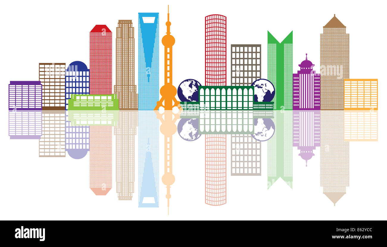 Shanghai China City Skyline Silhouette Umrissfarbe mit Reflexion isoliert auf weißem Hintergrund Illustration Stockfoto