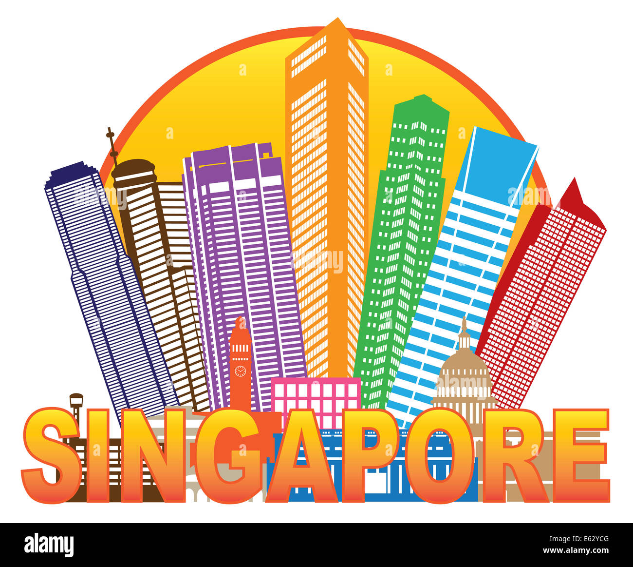 Singapur City Skyline Silhouette Umriss in Kreisfarbe isoliert auf weißem Hintergrund Illustration Stockfoto