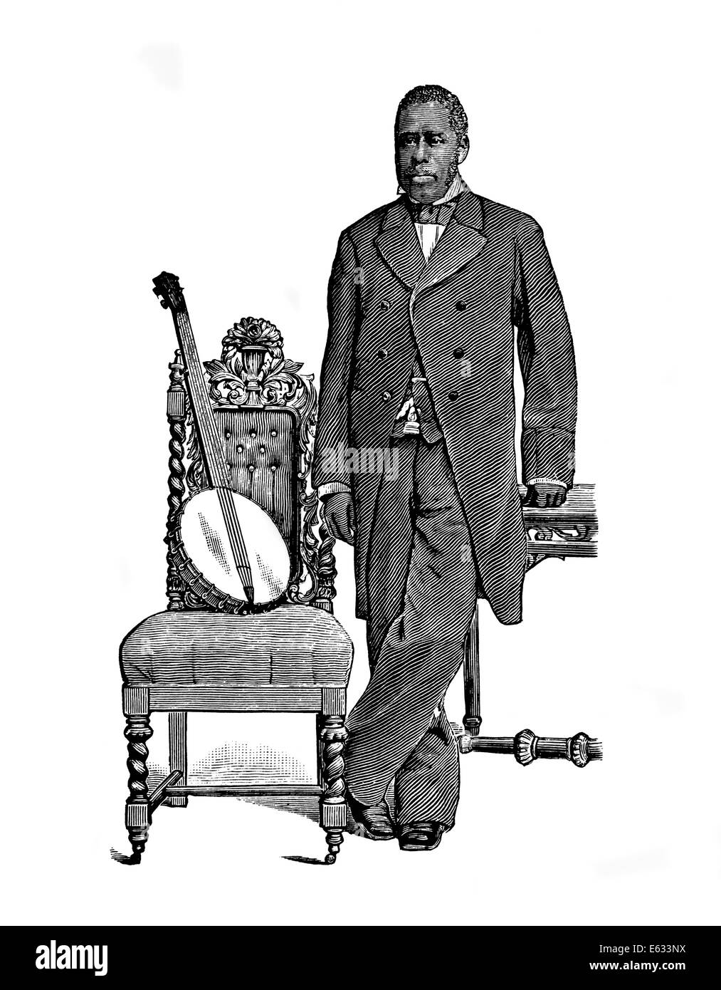 1800S 1870S HORACE WESTON VIRTUOSEN AFRIKANISCHEN AMERIKANISCHEN BANJO PLAYER MINSTREL PERFORMER STEHEND NEBEN STUHL UND BANJO Stockfoto