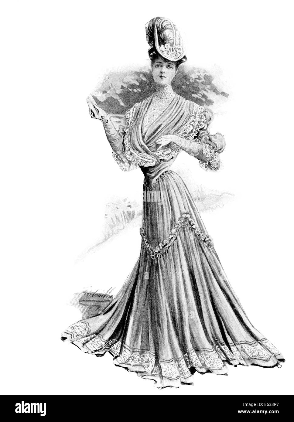 1890S 1900S WOMENS FASHION WESPENTAILLE KLEID UND HUT MIT FEDER Stockfoto