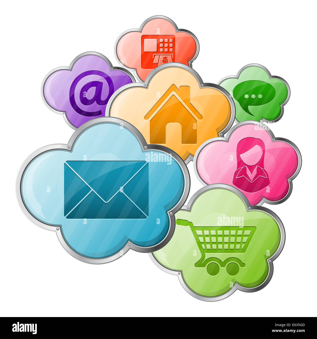 Business Konzept - Online-Shopping & Cloud Computing Wolken mit Applikations-Icons - Mail, home, atm, Unterstützung, isoliert auf weiss Stockfoto