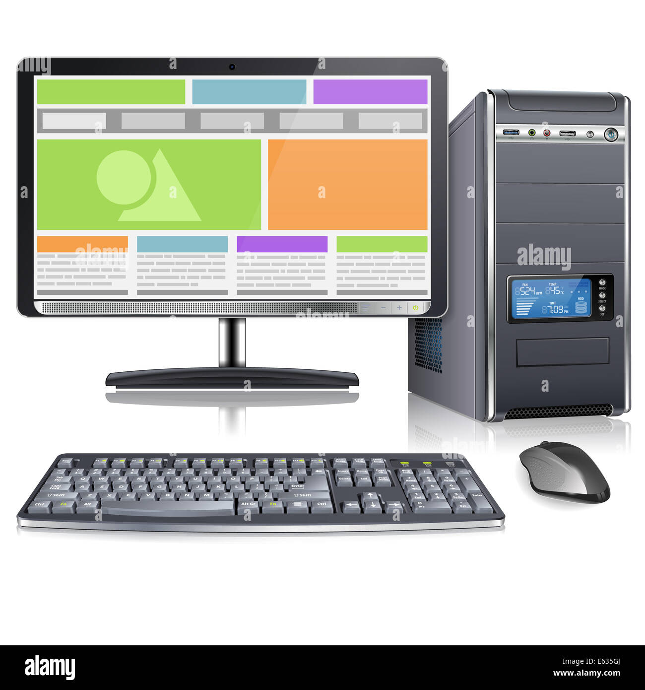 PC-Gehäuse mit Monitor, Tastatur, Maus und Responsive Web Design auf dem Bildschirm, isoliert auf weißem Hintergrund Stockfoto