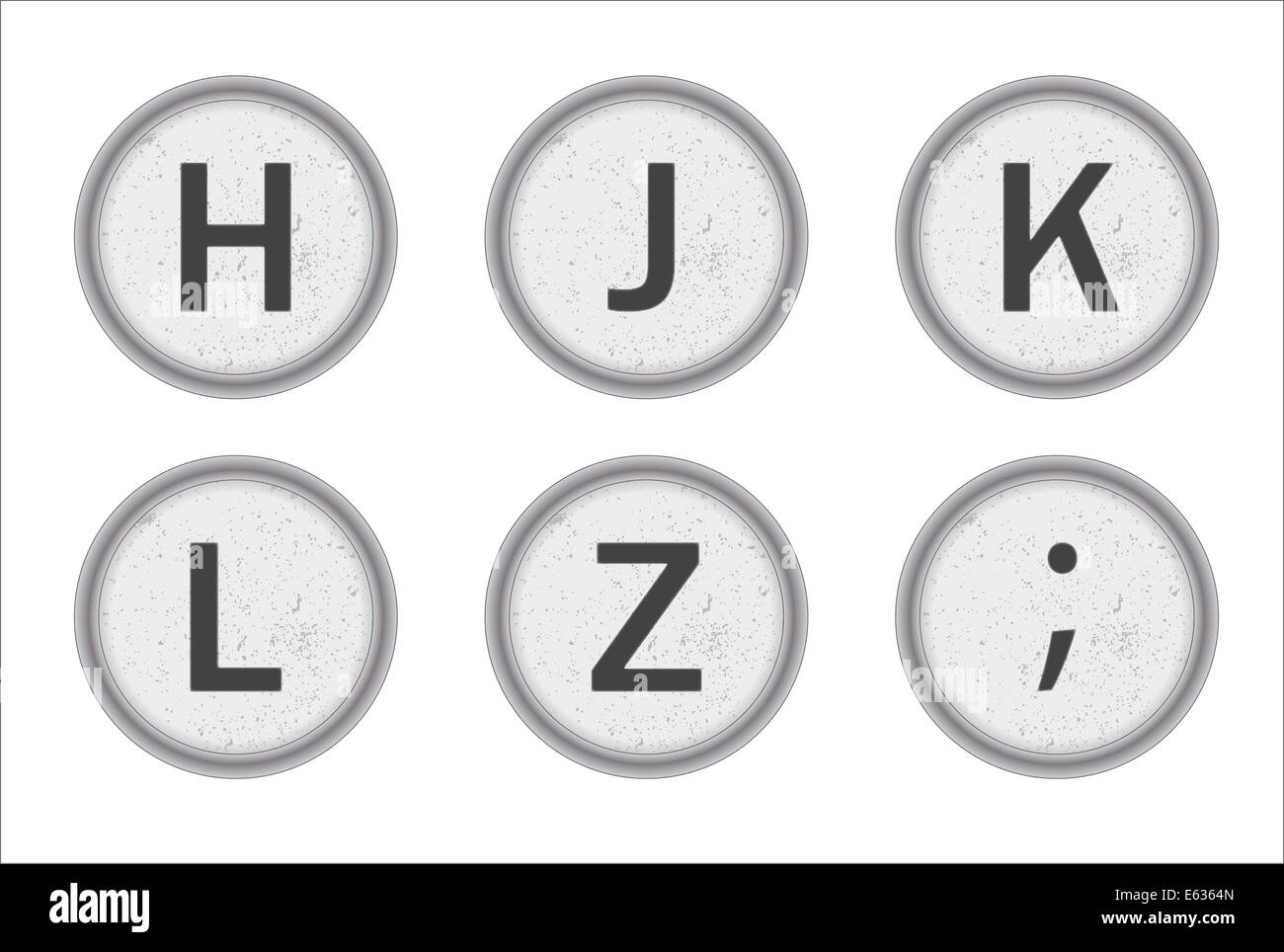 Die Schreibmaschine Tasten H J K L Z auf weißem Hintergrund Stockfoto