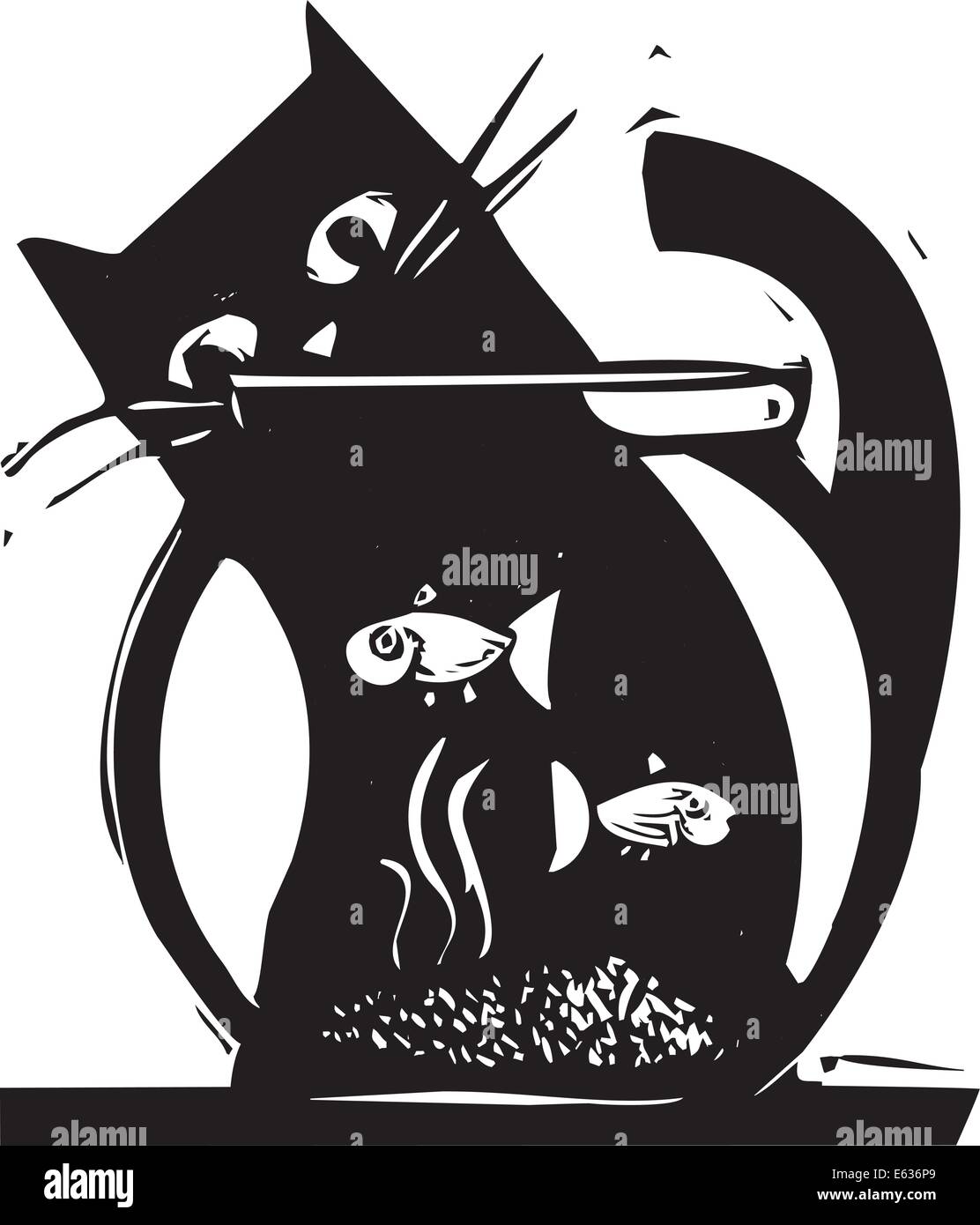 Schwarze Katze, wo Fische in einem Goldfischglas Stock Vektor