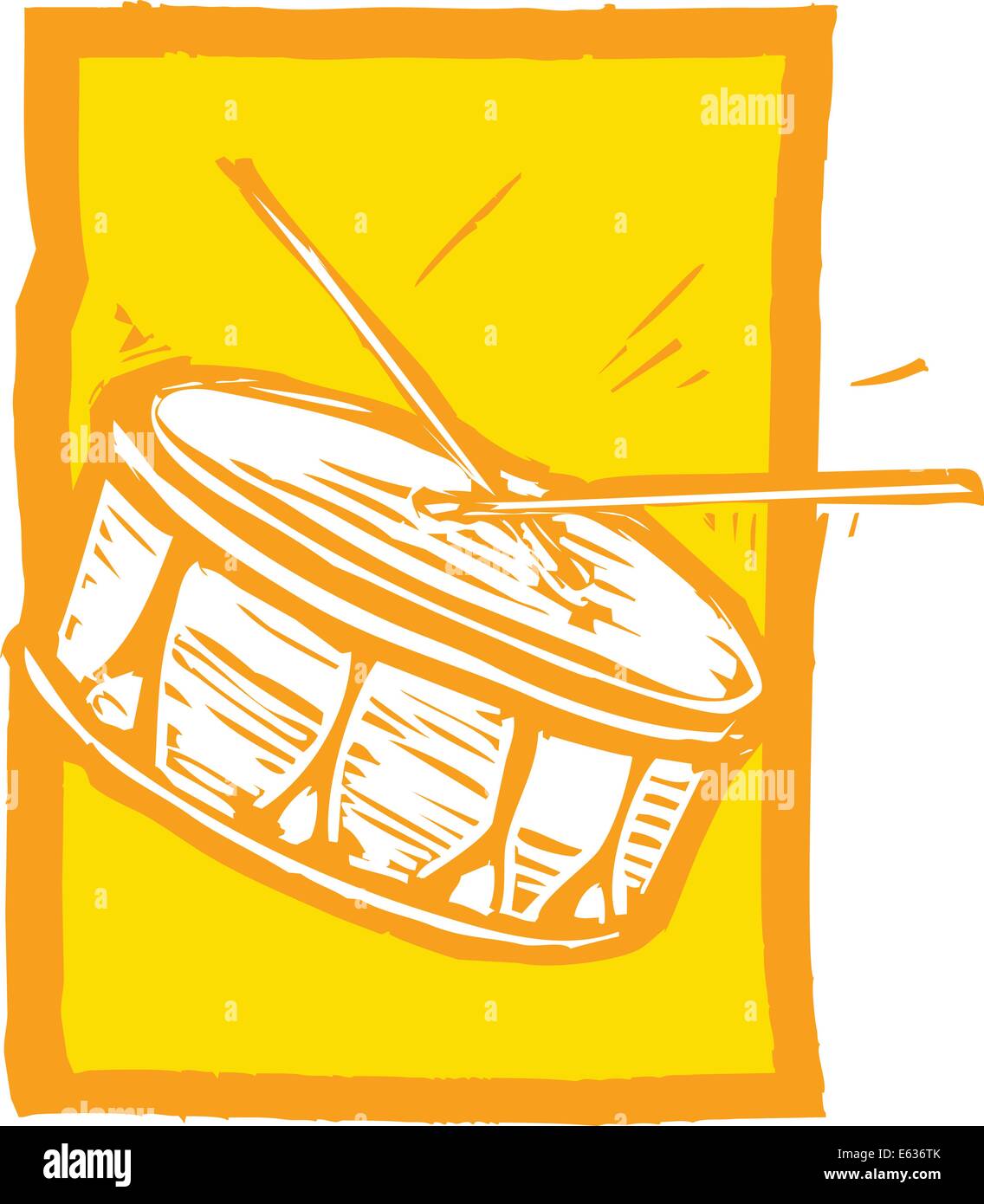 Holzschnitt-Bild von einer Snare-Drum auf orangefarbenem Hintergrund. Stock Vektor