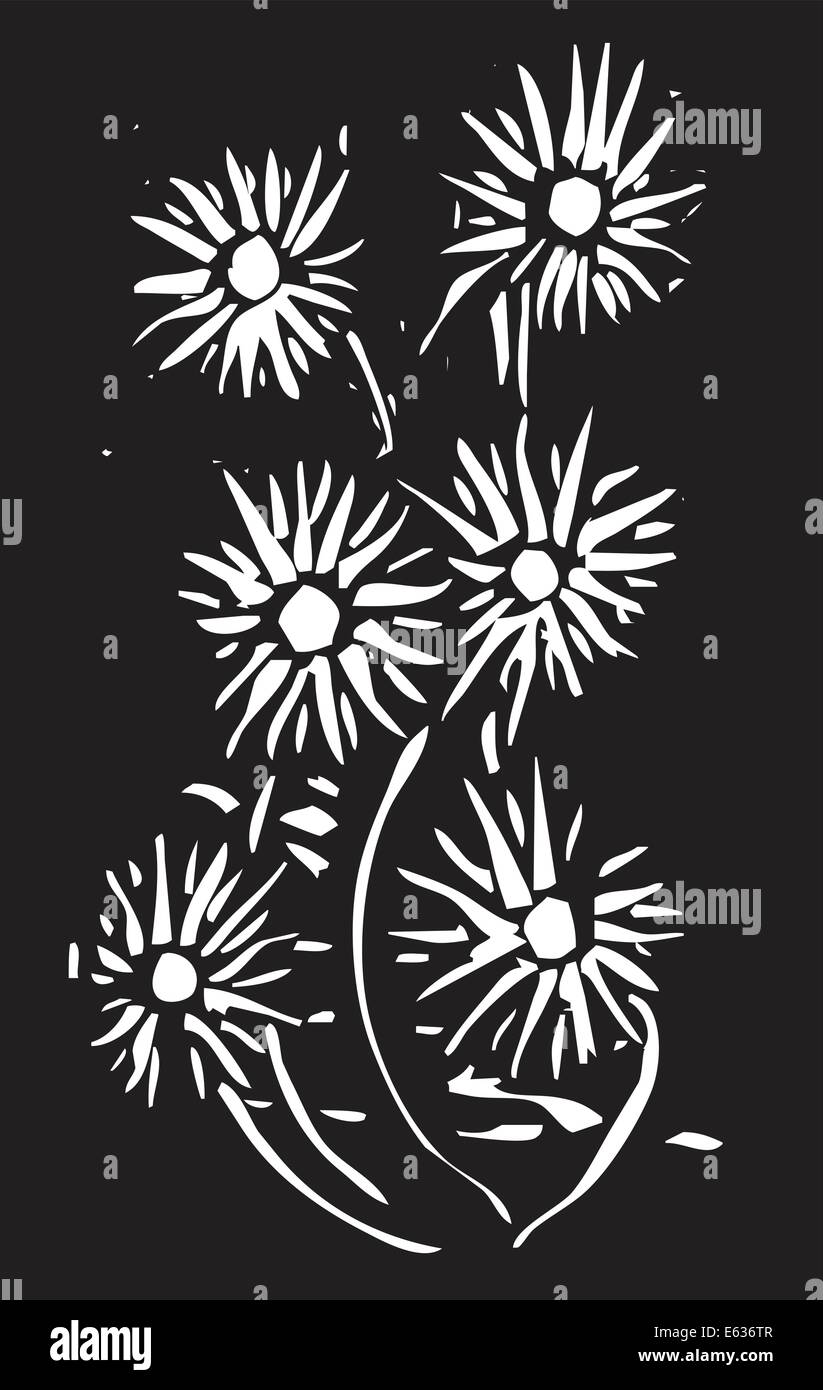 Holzschnitt-Blumen in weiß auf schwarzem Hintergrund Stock Vektor