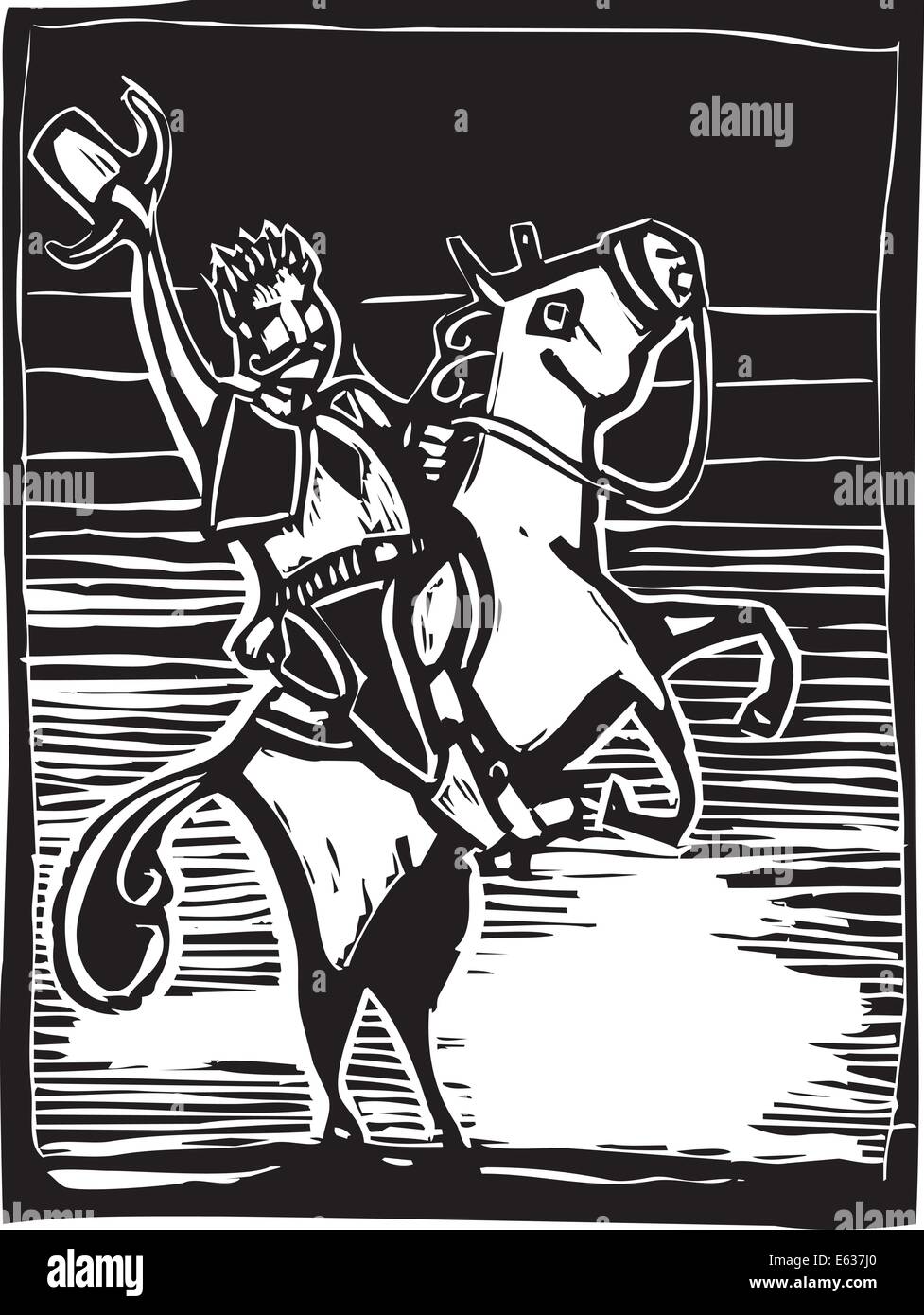Westliche Bild von einer amerikanischen Cowboy auf einem Pferd im Holzschnitt-Stil. Stock Vektor