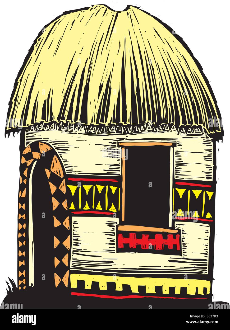Afrikanische Hütte mit Strohdach und dekorierten Seiten. Stock Vektor