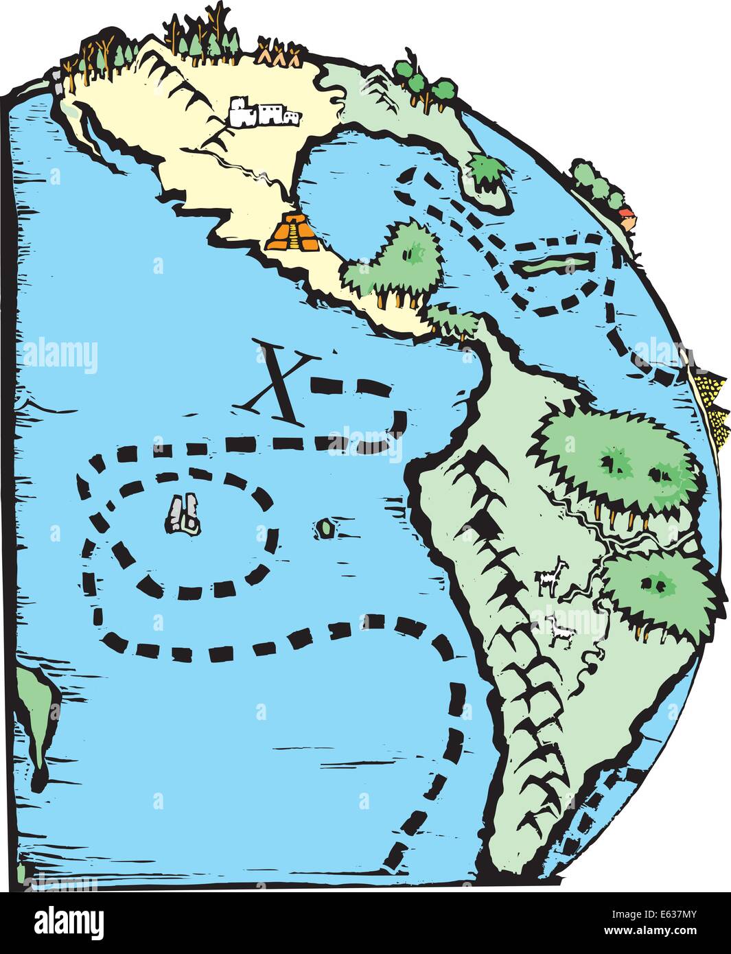 Schatz-Karte von Amerika mit einem x markiert den Ort Stock Vektor