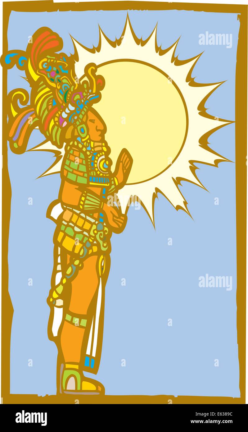 Maya-Lord mit Sonne und Himmel als Hintergrund. Stock Vektor