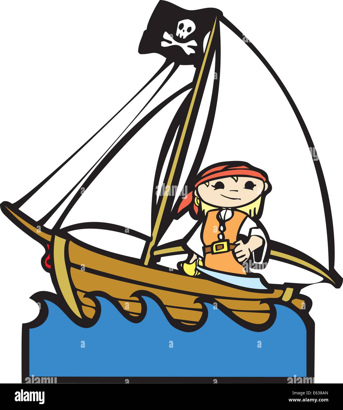 Einfache Kinder Boot Bild mit Mädchen im Piratenkostüm. Stock Vektor