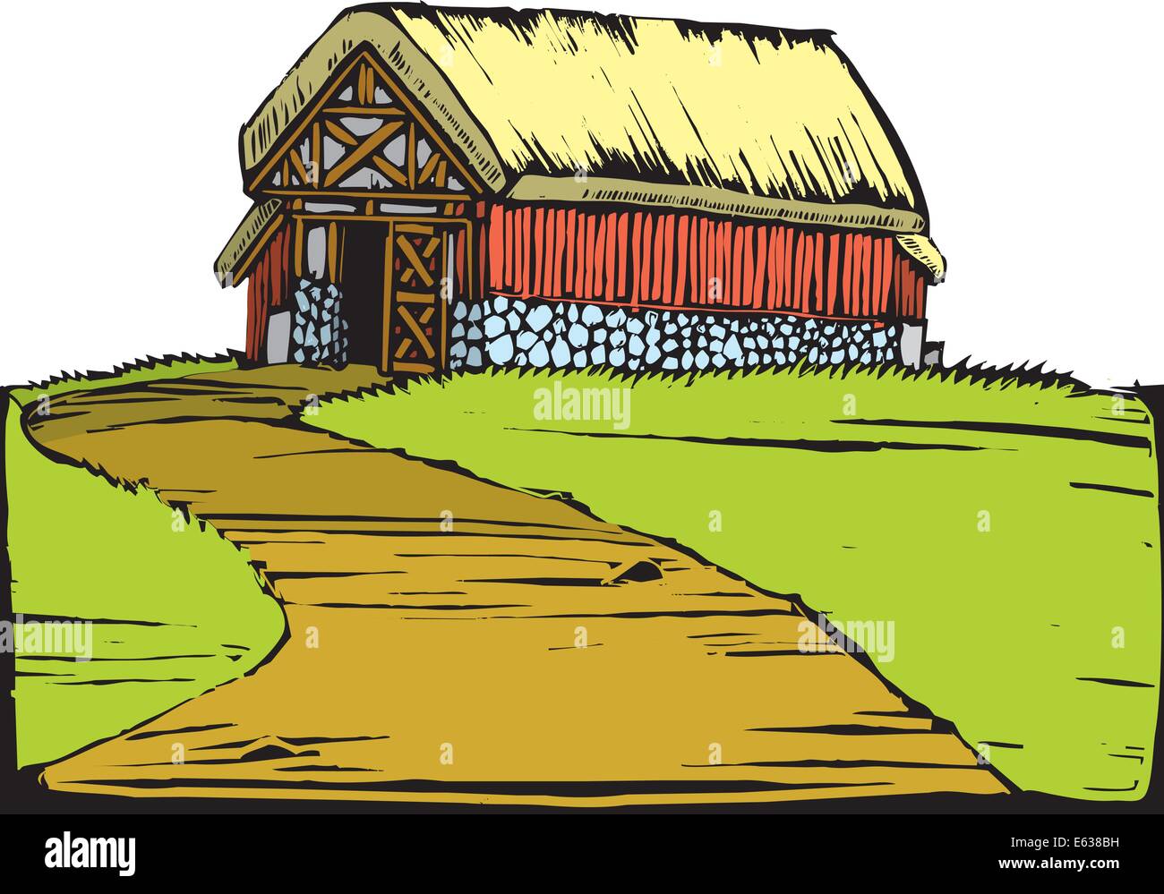 Notizbrett Bild einer roten Scheune mit einem Rasen-Dach sitzt auf einem Hügel. Stock Vektor