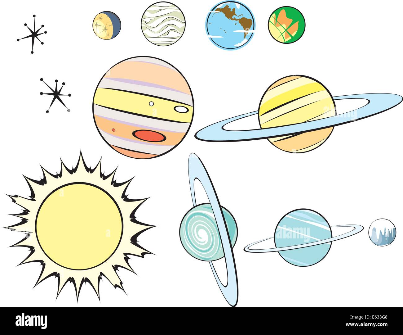 Sterne, Planeten und Sonne im Retro-Stil angeordnet werden, wie Sie möchten. Stock Vektor