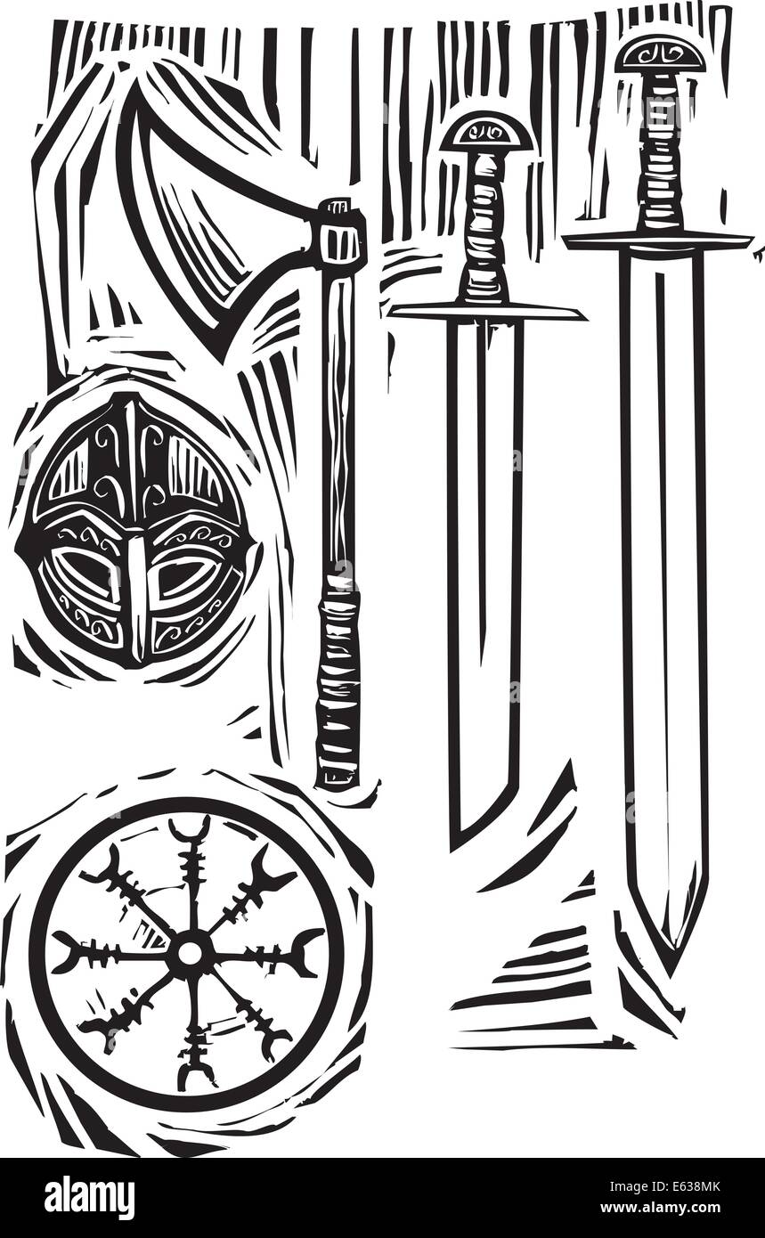 Holzschnitt Stilbilds Viking Waffen und Rüstungen. Stock Vektor