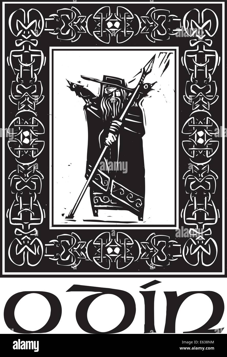 Holzschnitt-Stil Bild der Wikinger Gott Odin in einer keltischen Grenze. Stock Vektor